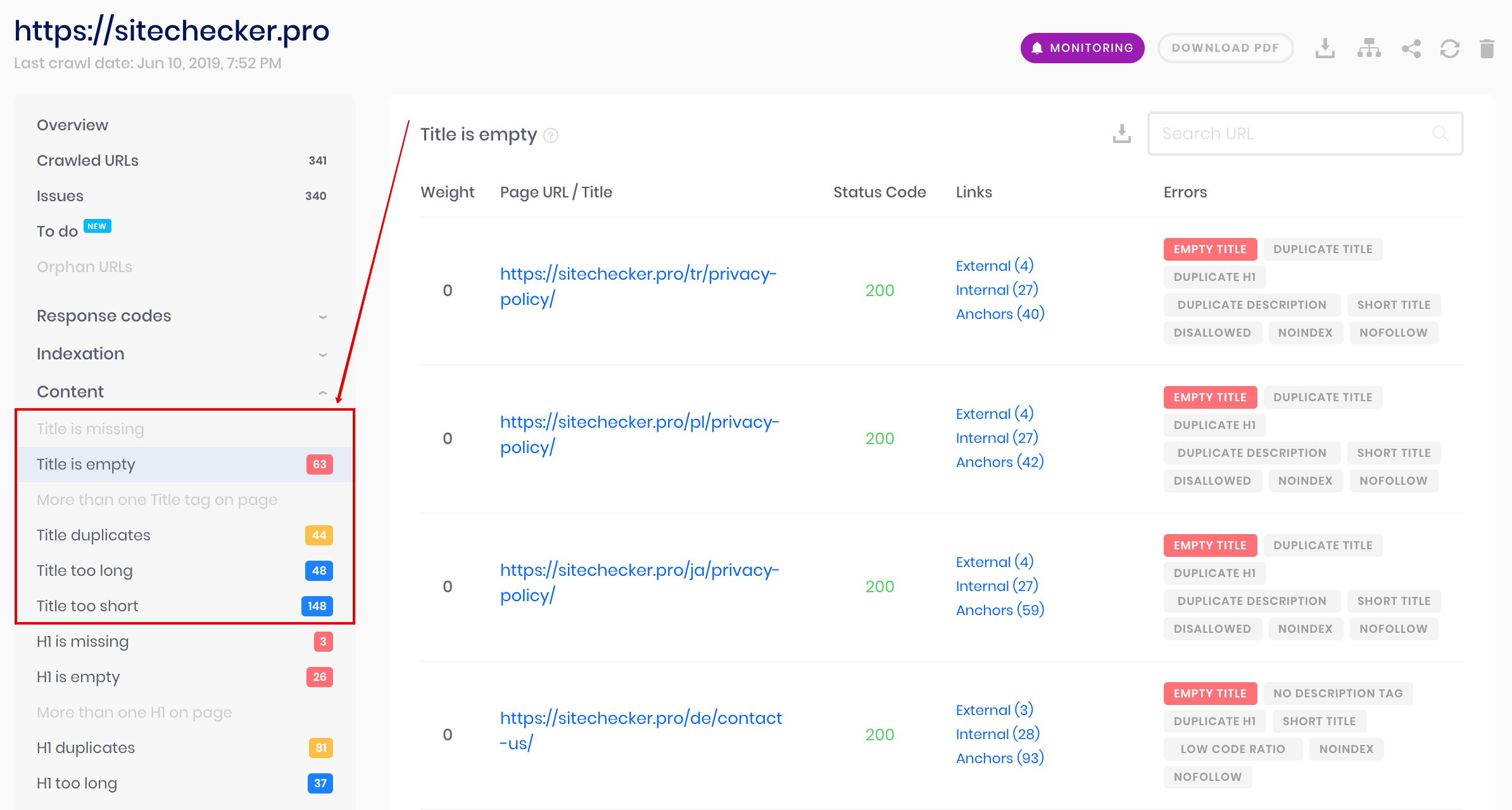 scansiona il sito Web per titoli e descrizioni