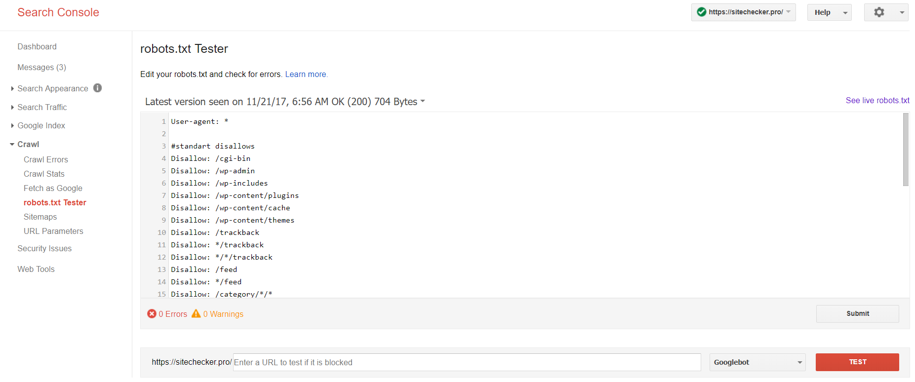 Robots.txt tester in Google Search Console 