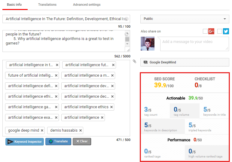 Video SEO score with using YouTube keywords