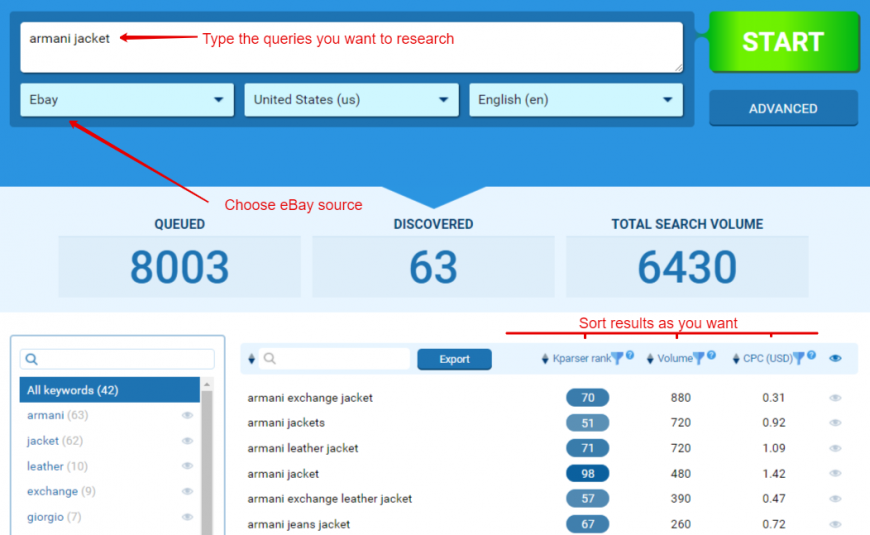 Using eBay search tool