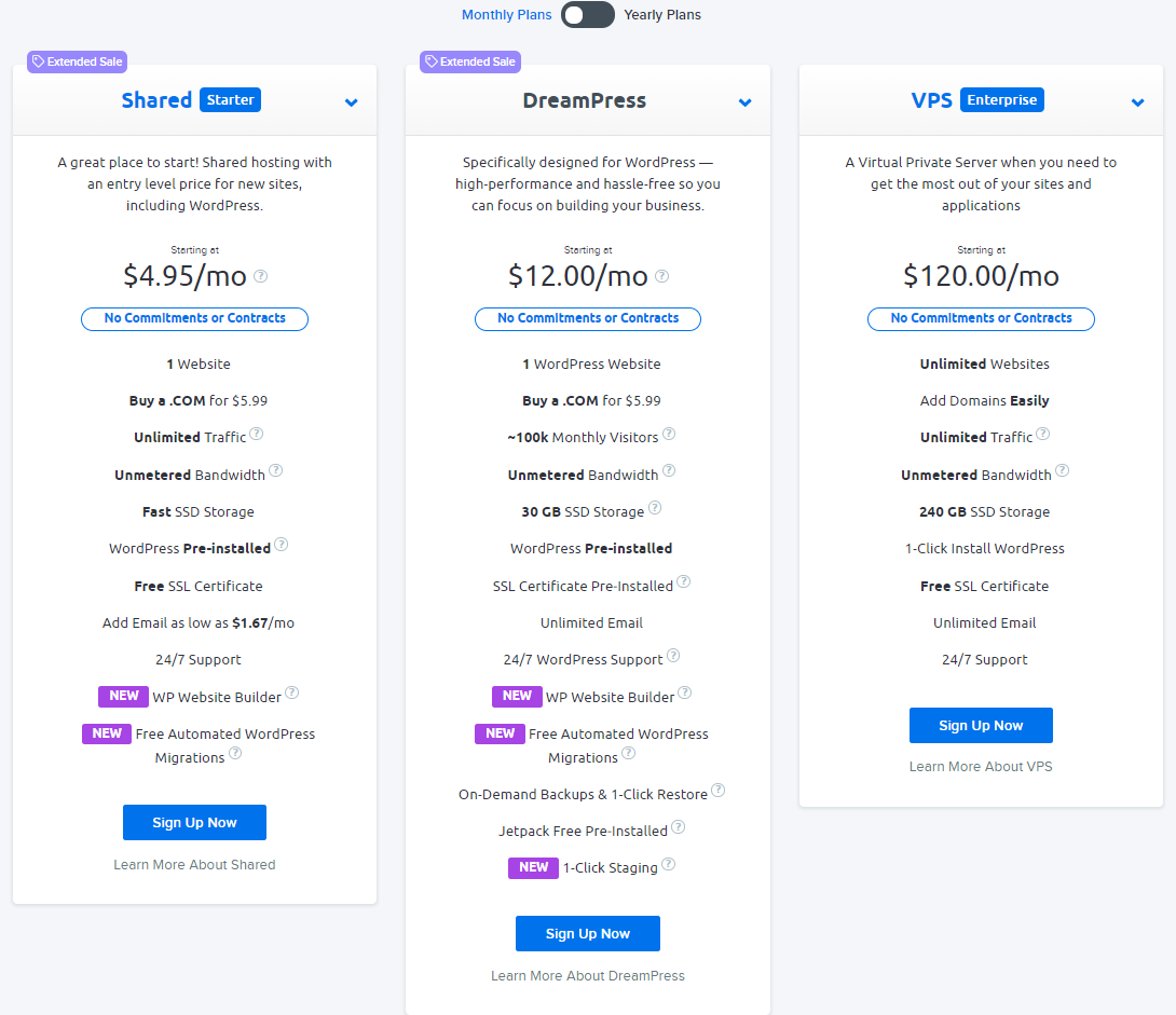 Piani di hosting Dreamhost