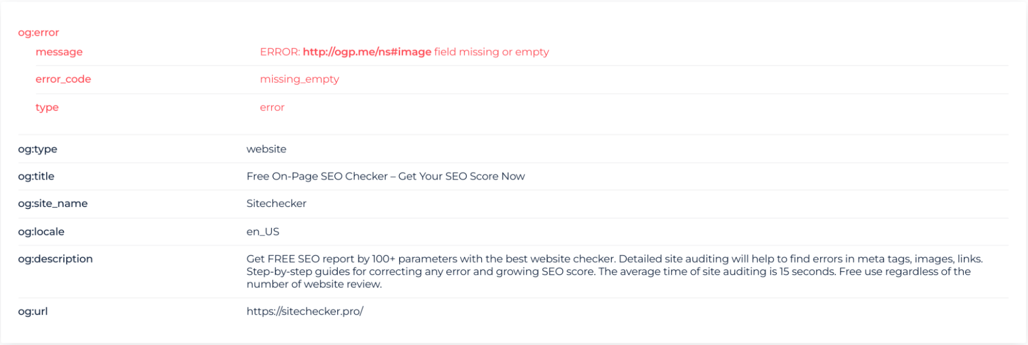 open graph tester will show the information about all tags of the sites
