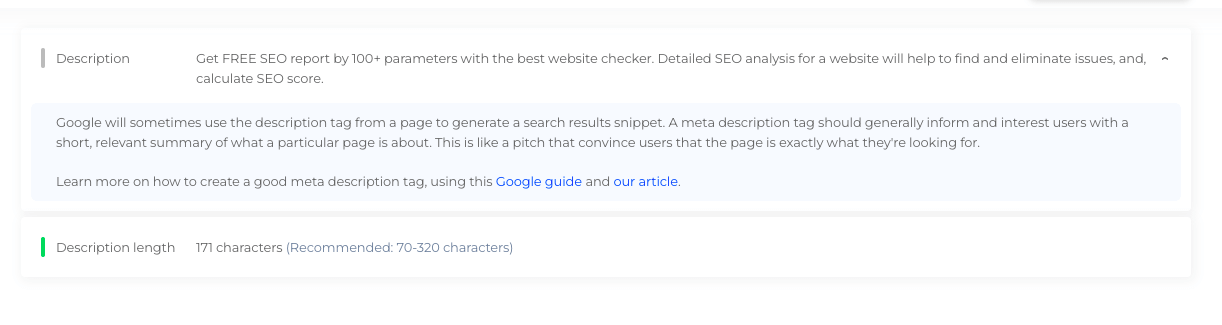 résultats du vérificateur de longueur de méta description