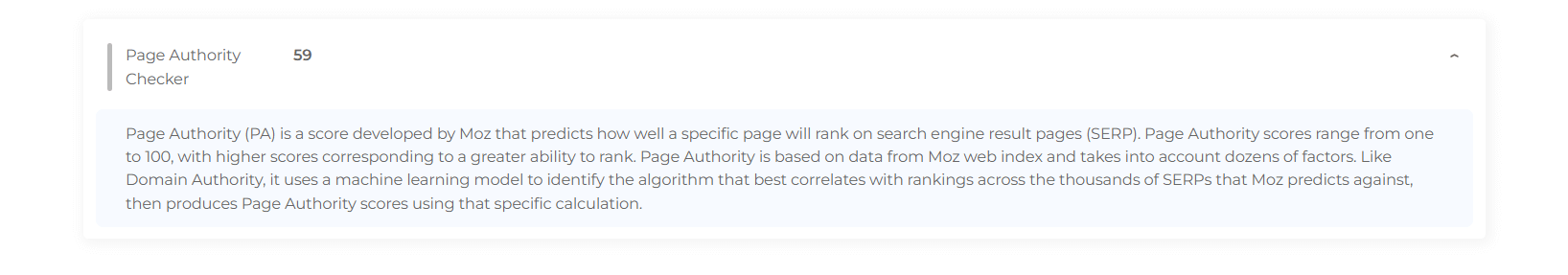Page Authority checker result