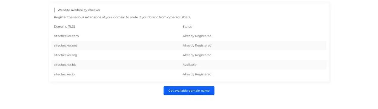 Results of the domain name availability checker for existing website - using the search tool