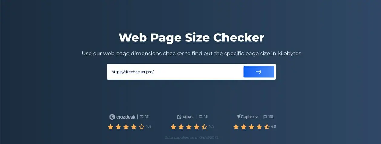 La page Sitechecker.pro Web Page Size Checker avec un exemple URL