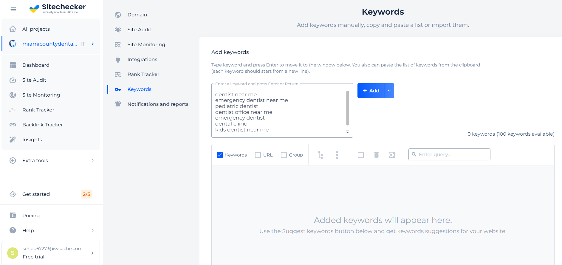 Sitechecker’s tool for adding keywords manually