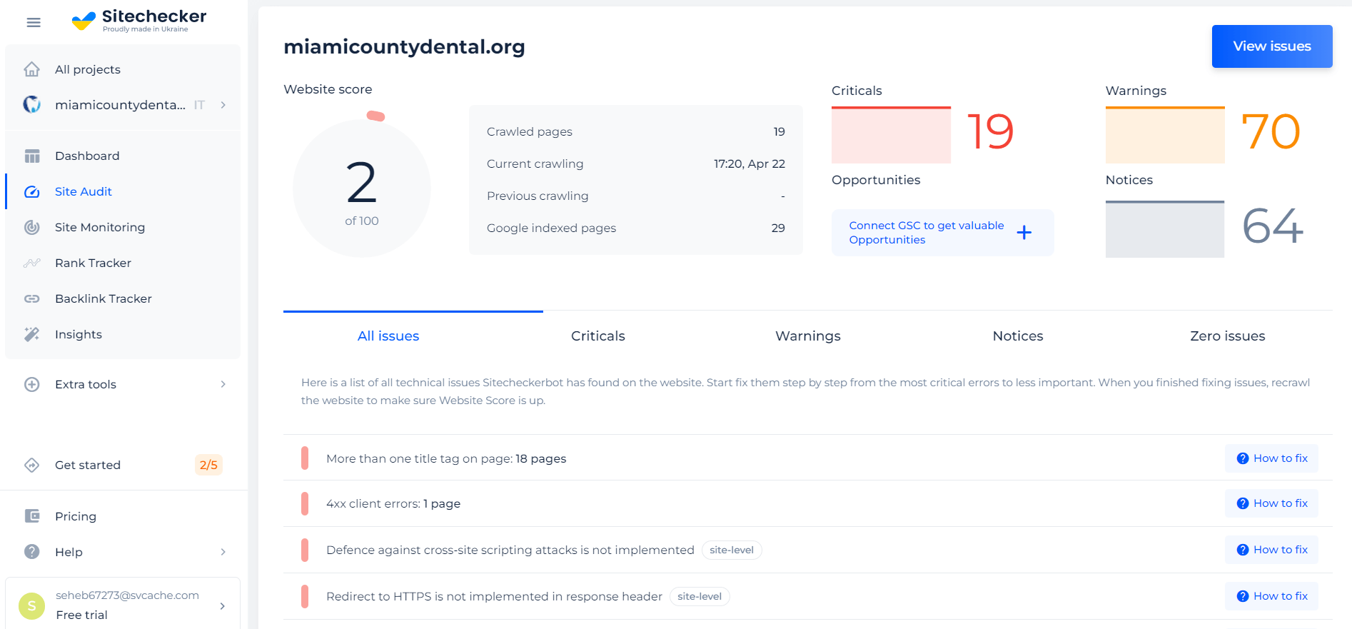 Issues detected by Sitechecker website audit