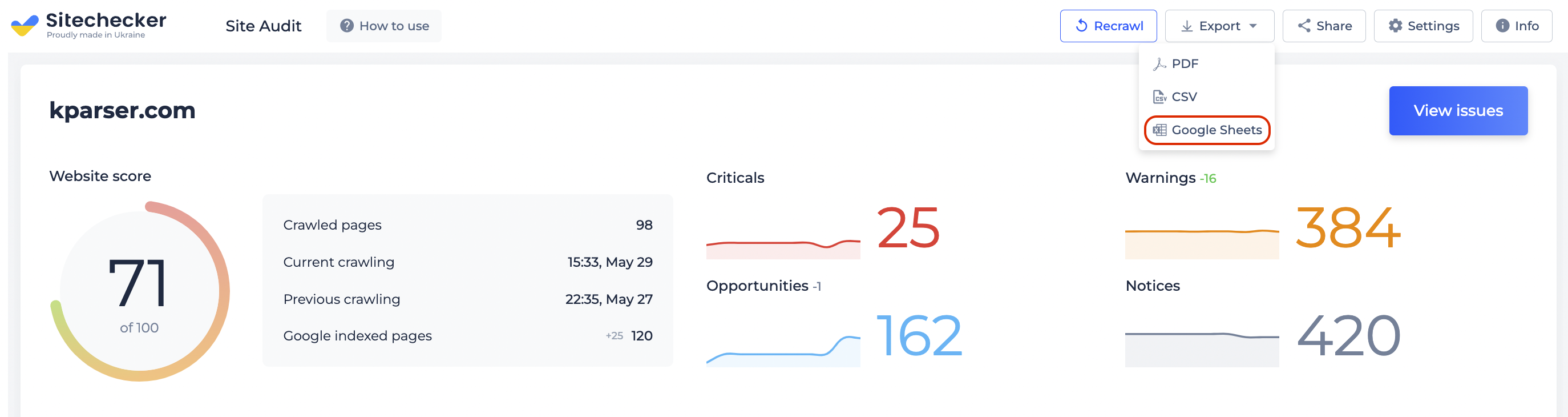 Google Sheets export option in Site Audit