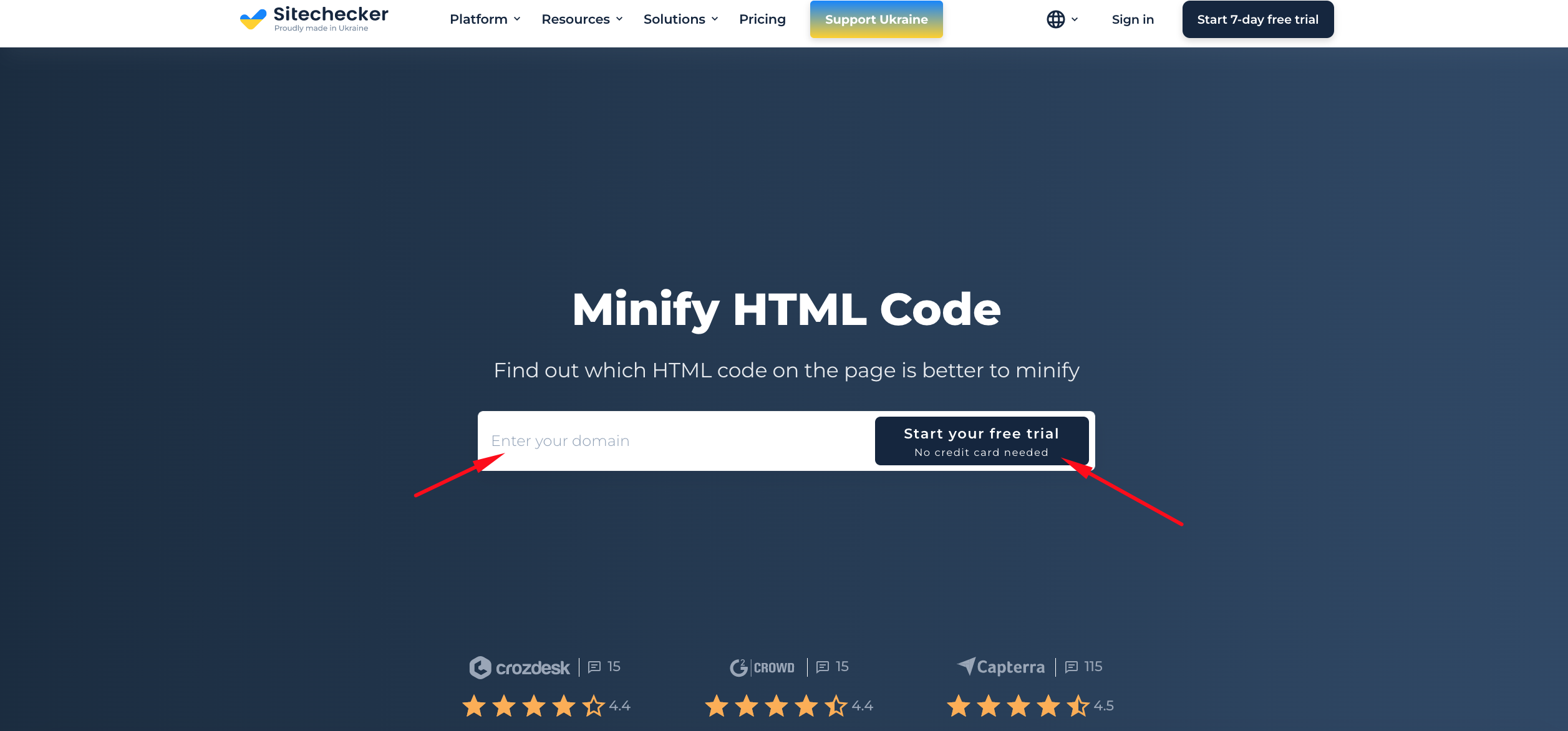 Minify HTML code free trial start