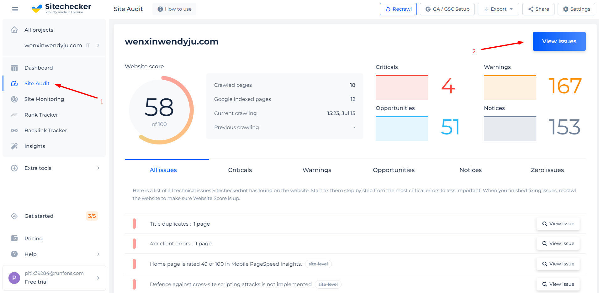 site audit page for speed checker