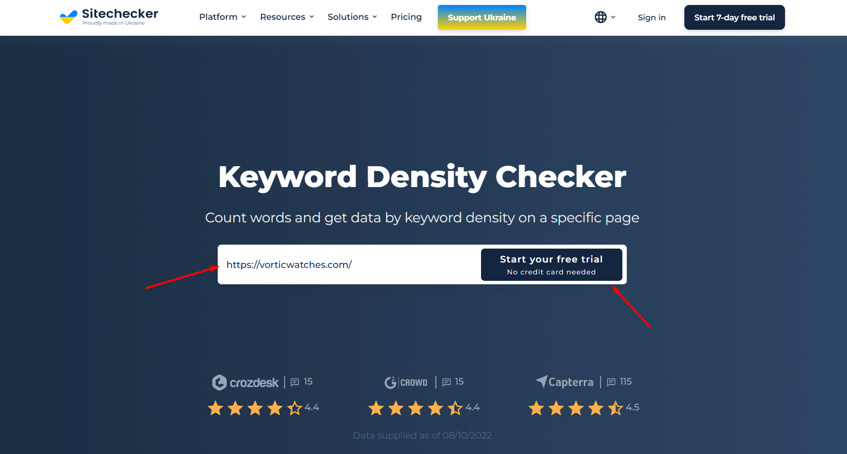 Insert your URL in Keyword Density checker