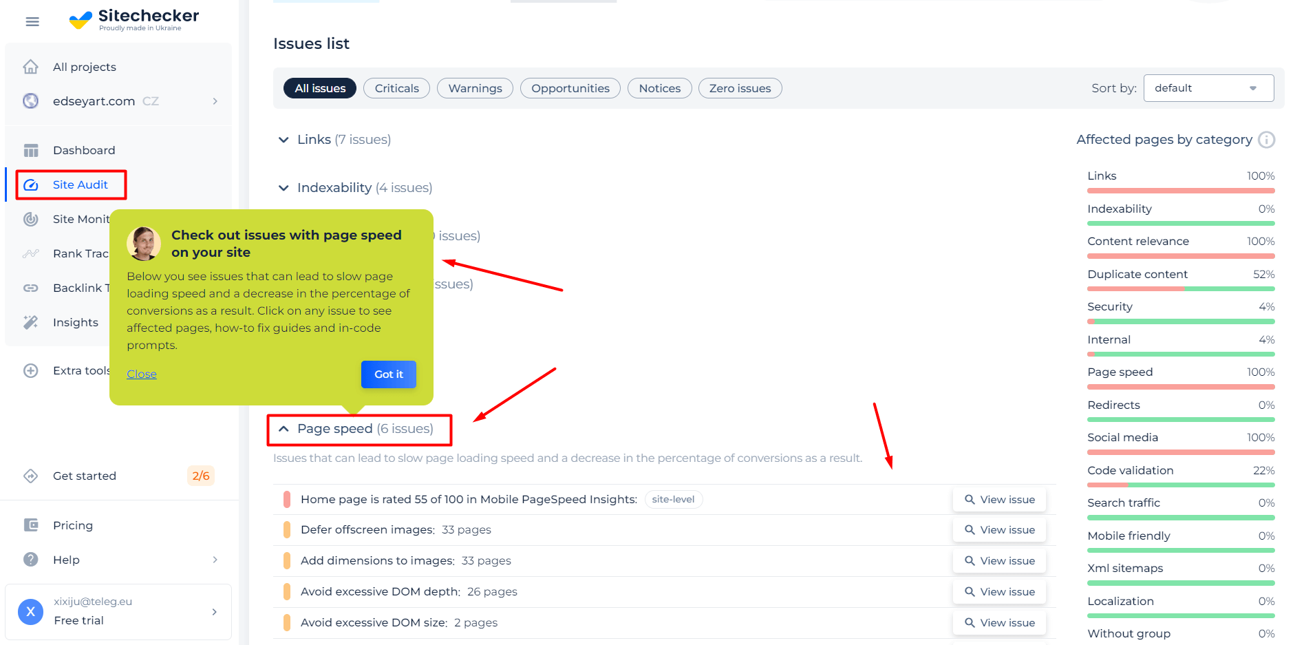 Speed checker result for domain on site audit summary