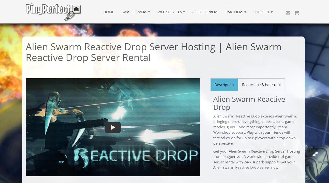 Alien Swarm: Reactive Drop PingPerfect hosting order page