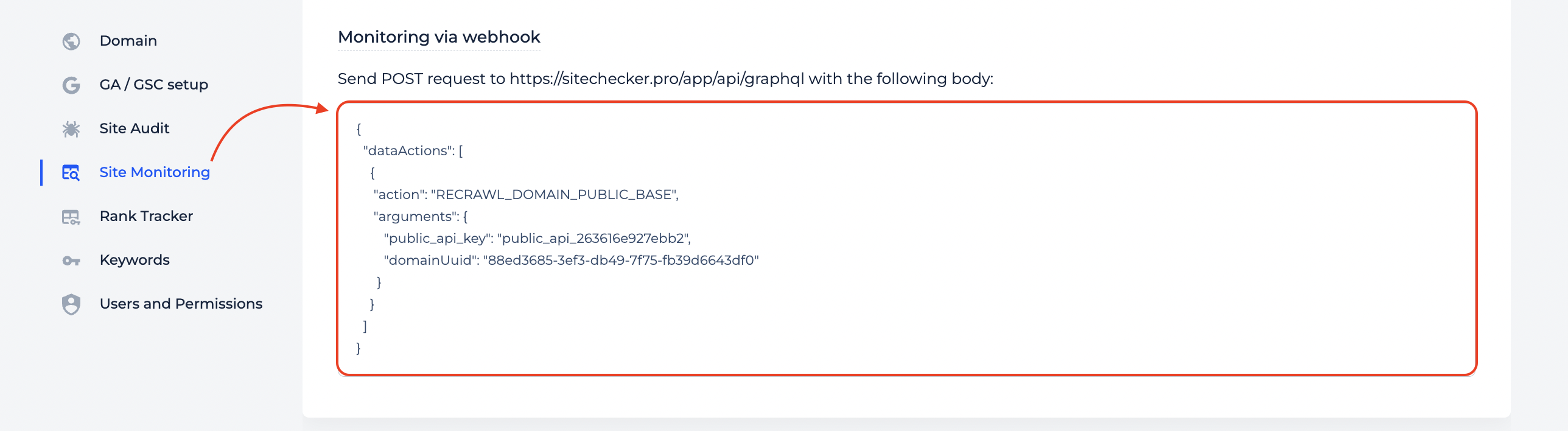 site monitoring webhook