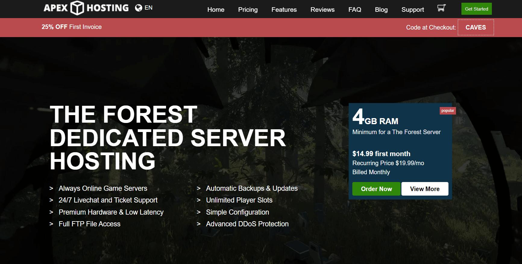 Main features of a dedicated The Forest server by Apex Hosting