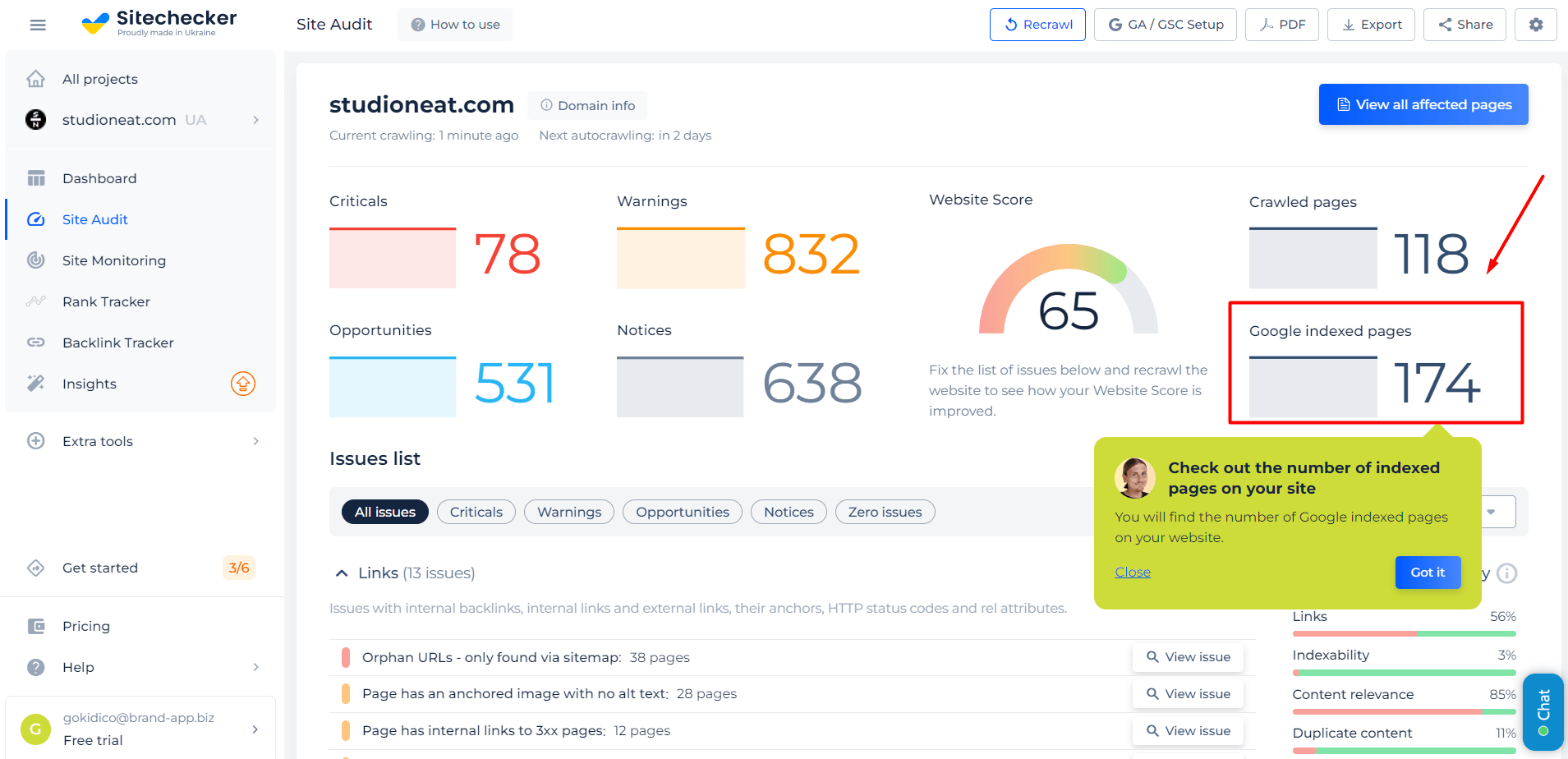 Results of the Google index check