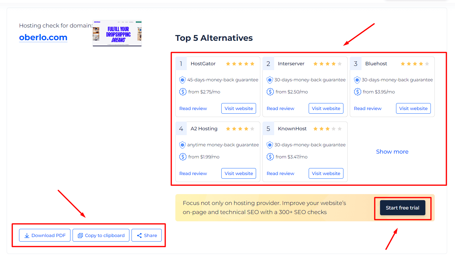 hosting checker tool results