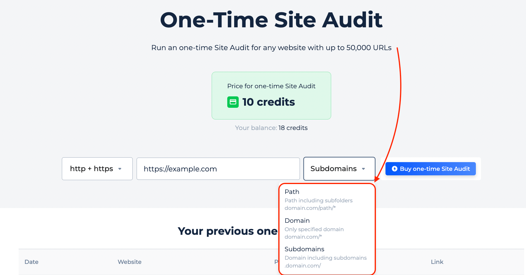 One time site audit updates