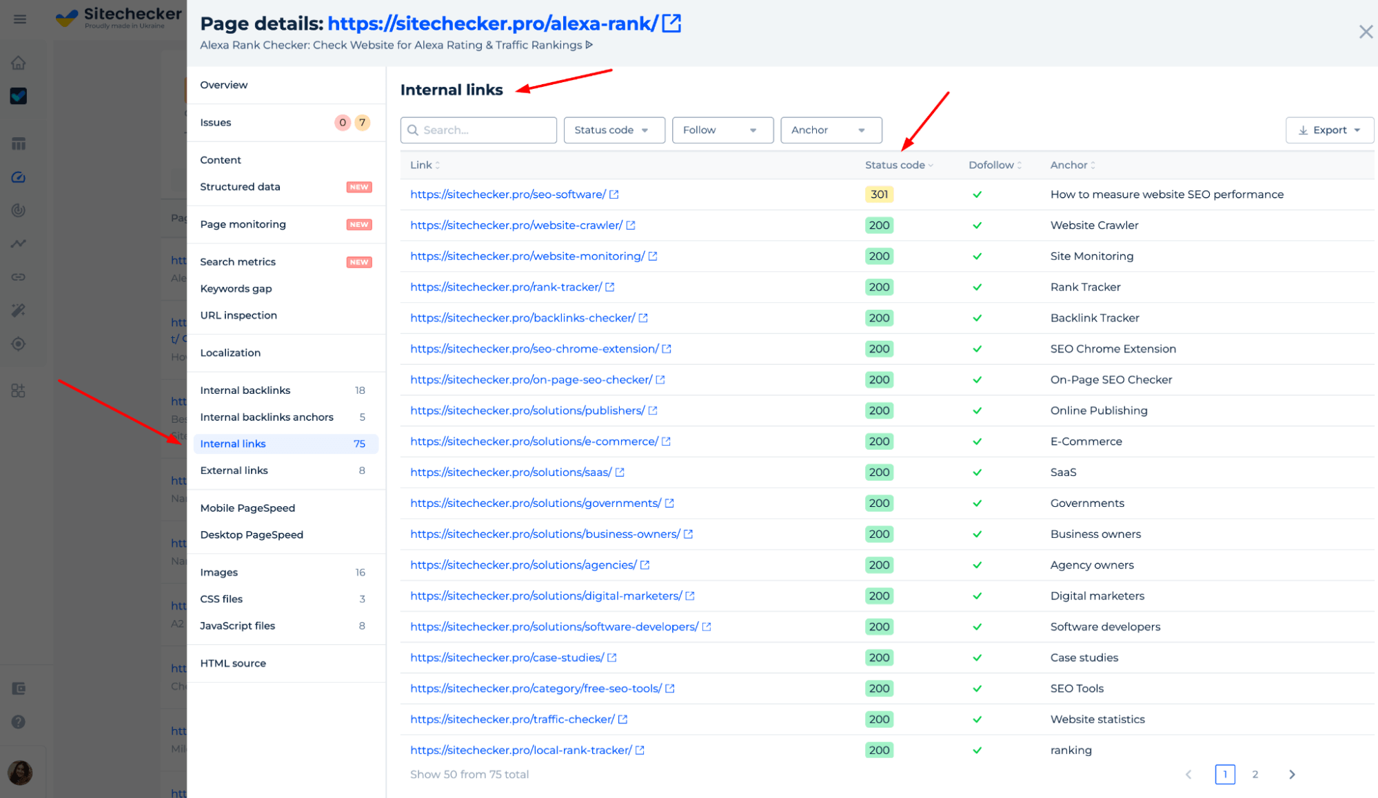 Código de estado de enlaces internos