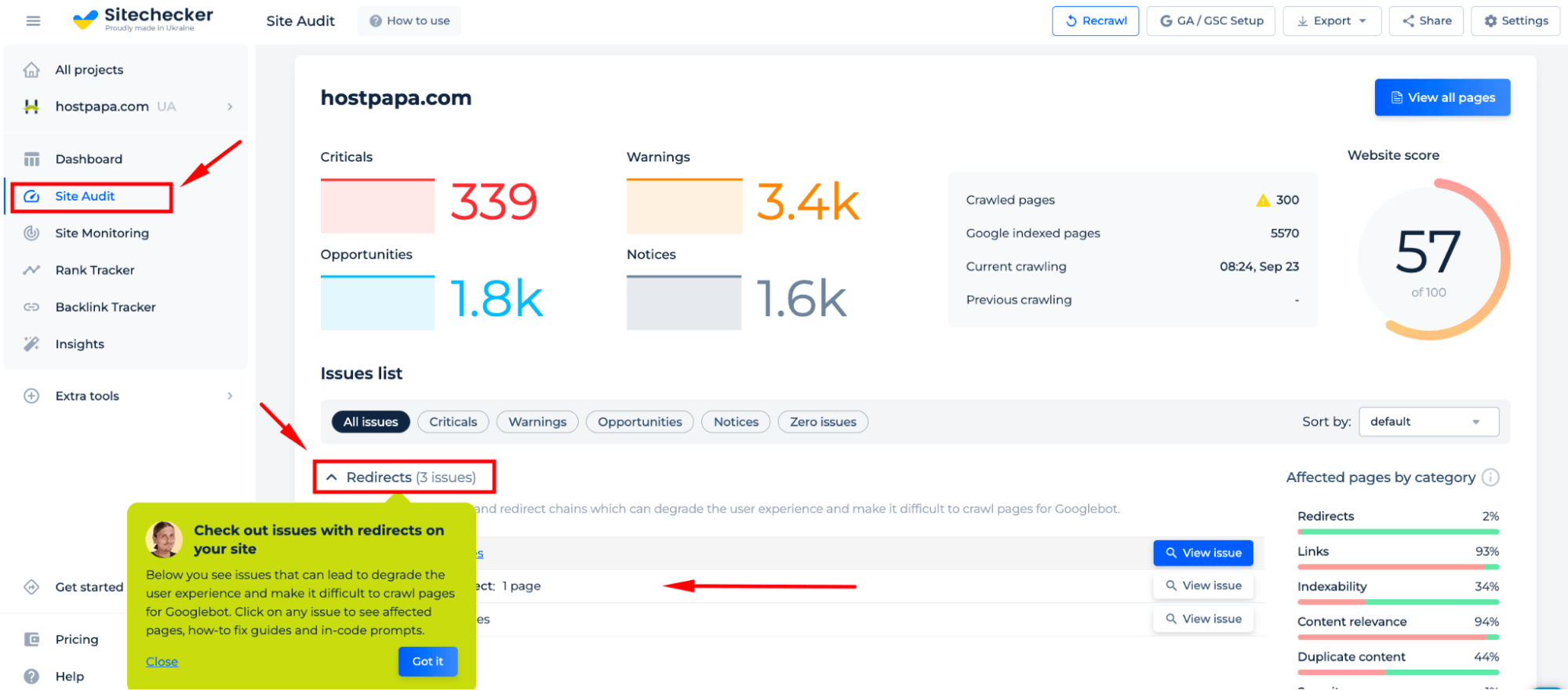 Redirections d'audit de site