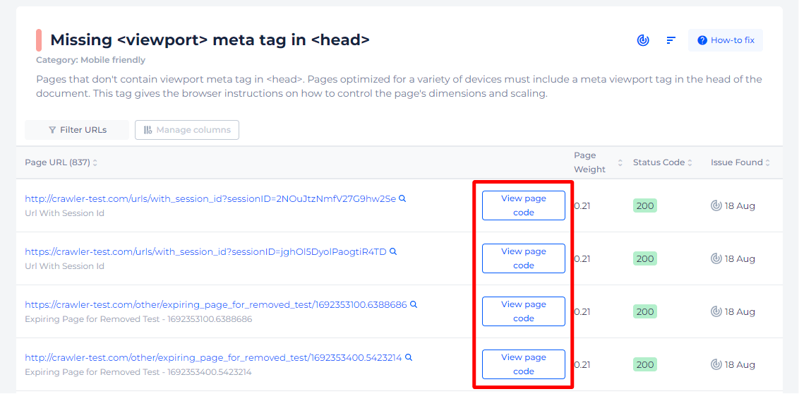 Missing Viewport Tag Pages