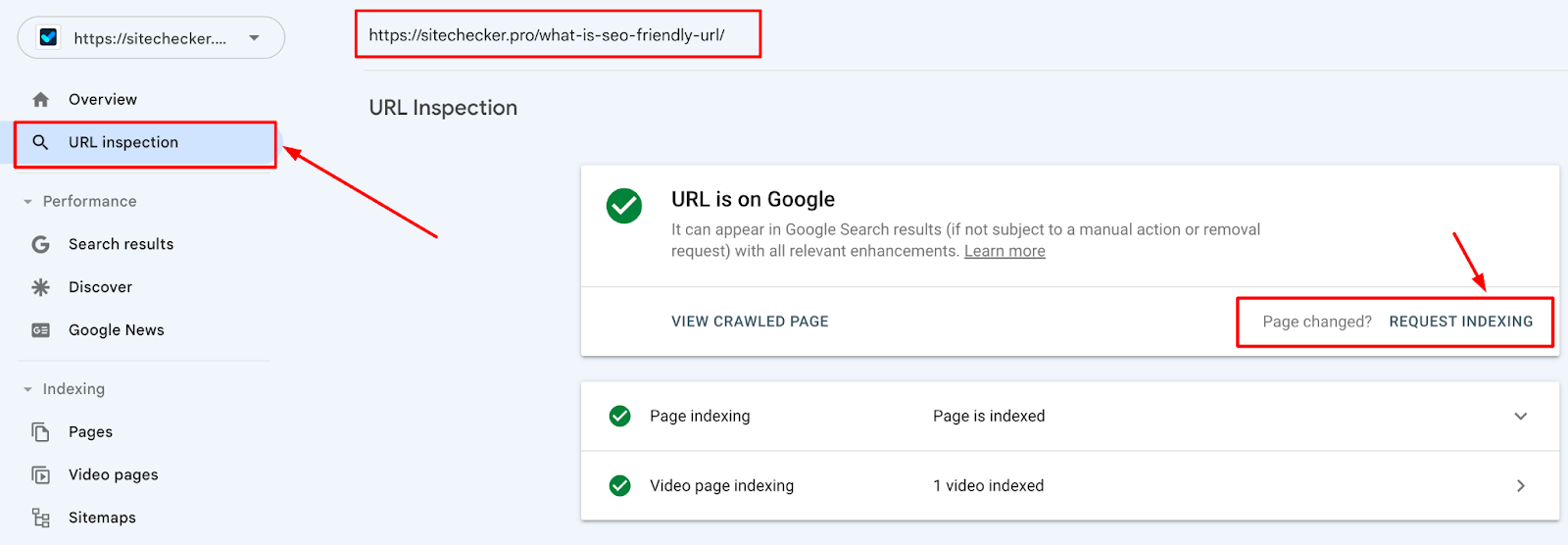 url inspection in settings