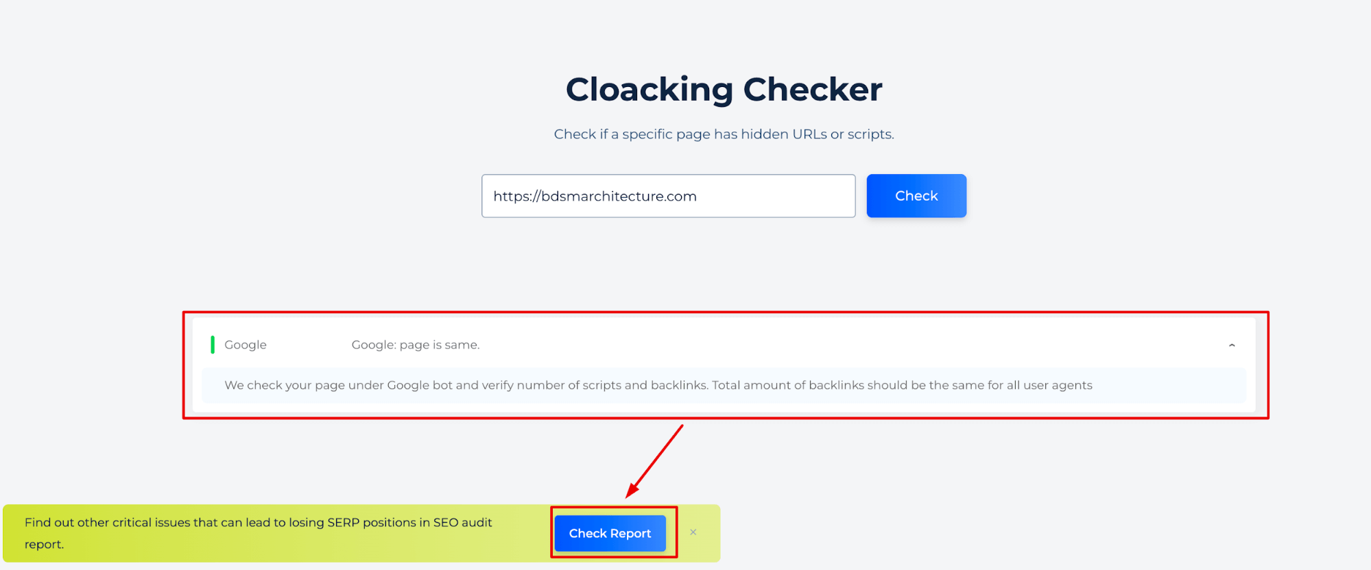 Resultados do verificador de cloaking de site