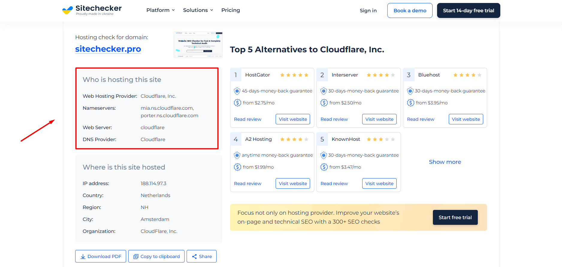 Resultados do Hosting Checker