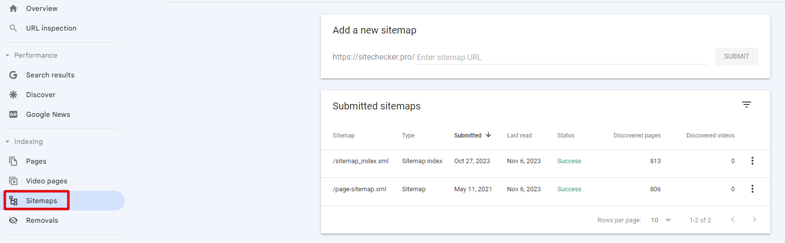 sitemaps page in settings