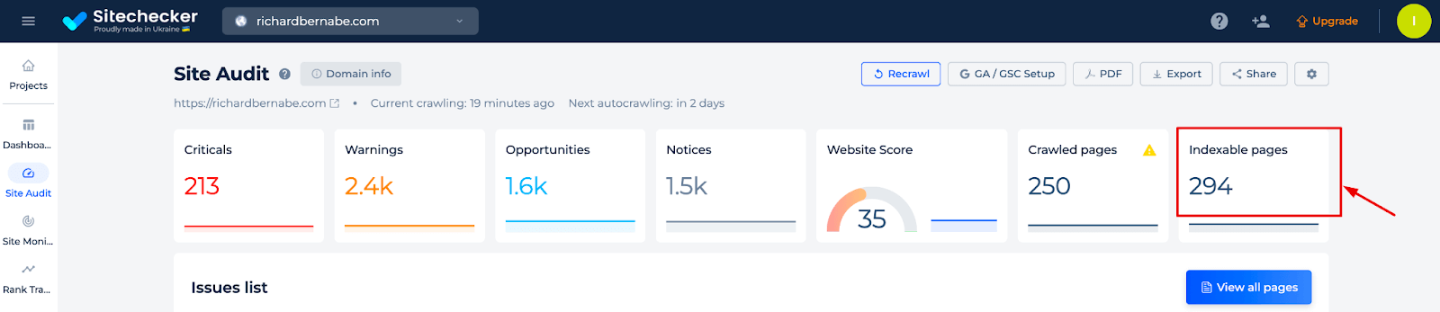 Resultados do contador de páginas do site