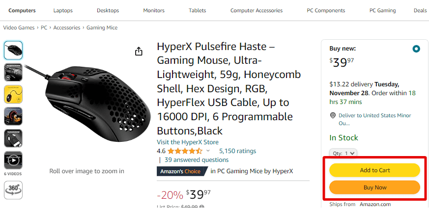 product page with buy button
