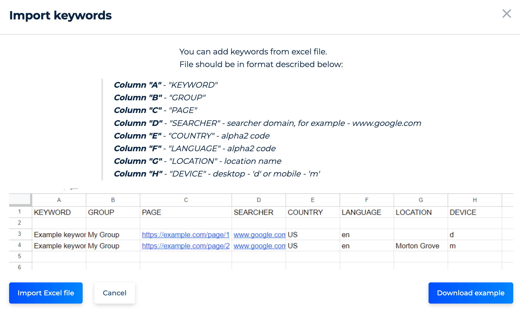 Schlüsselwörter aus Excel-Datei importieren