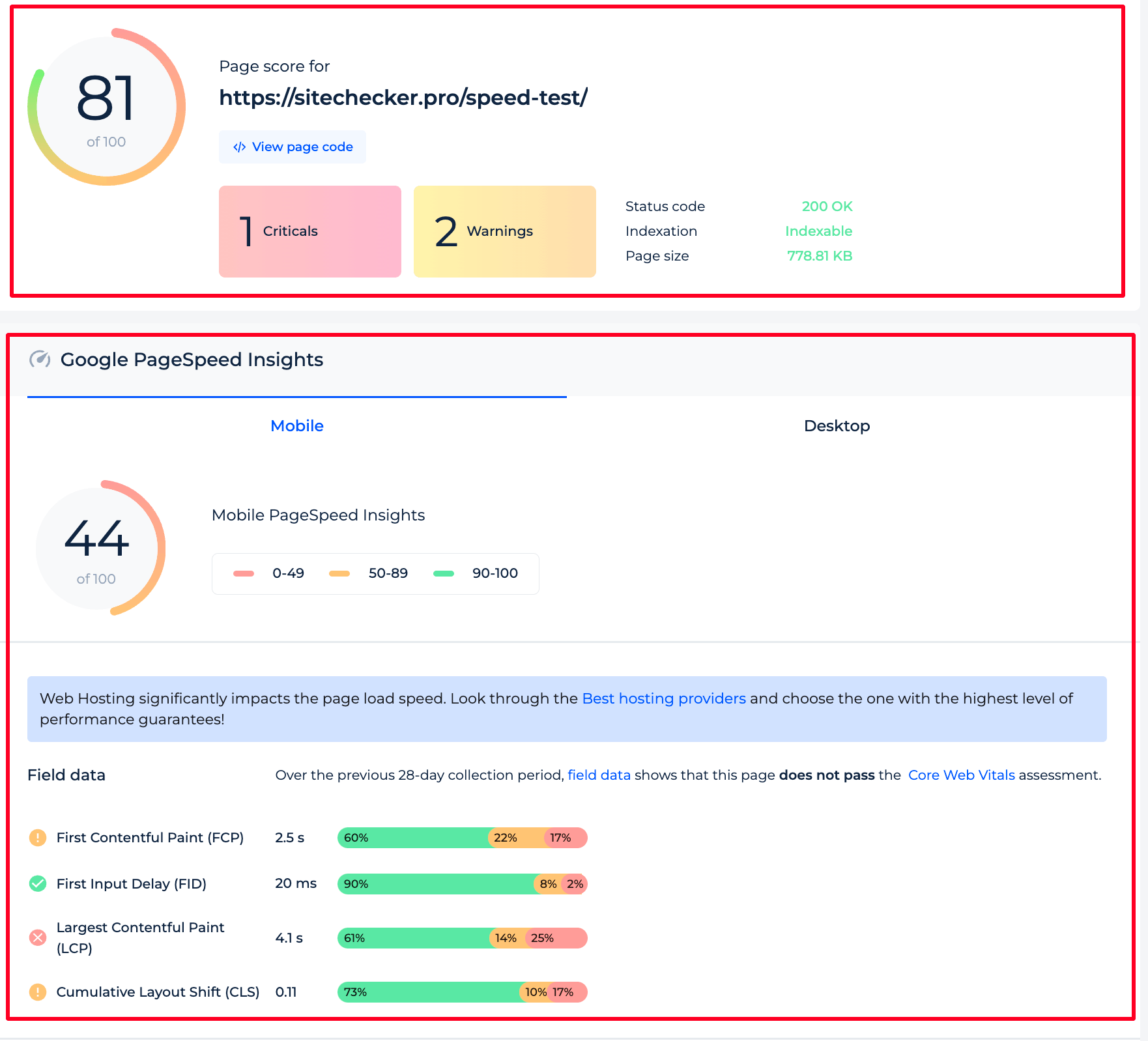 Page Speed  Results