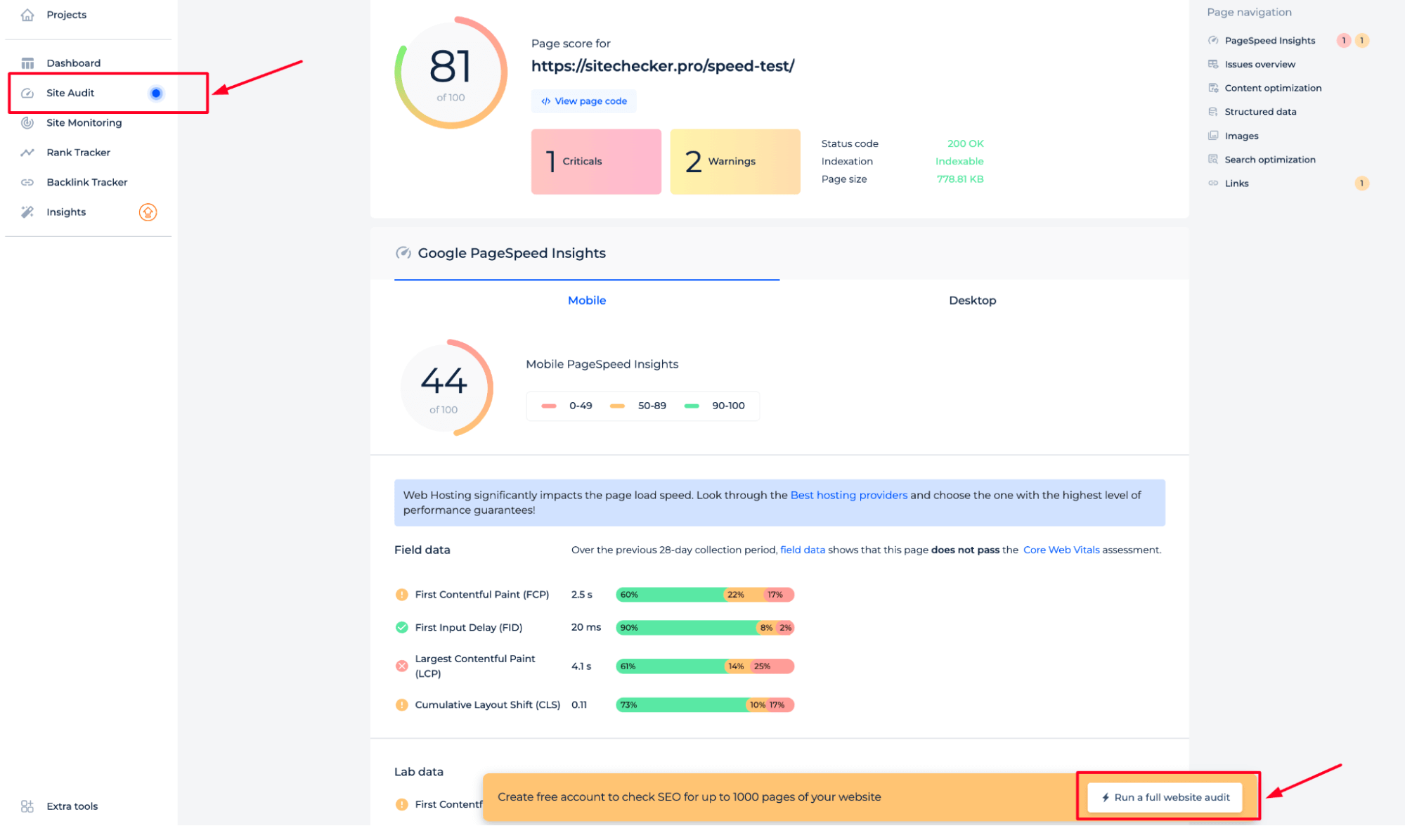 Exécuter l'audit complet du site Web