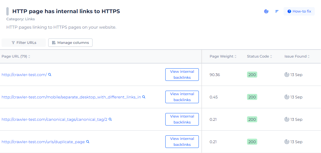 HTTP Has Internal Links to HTTPS Page List