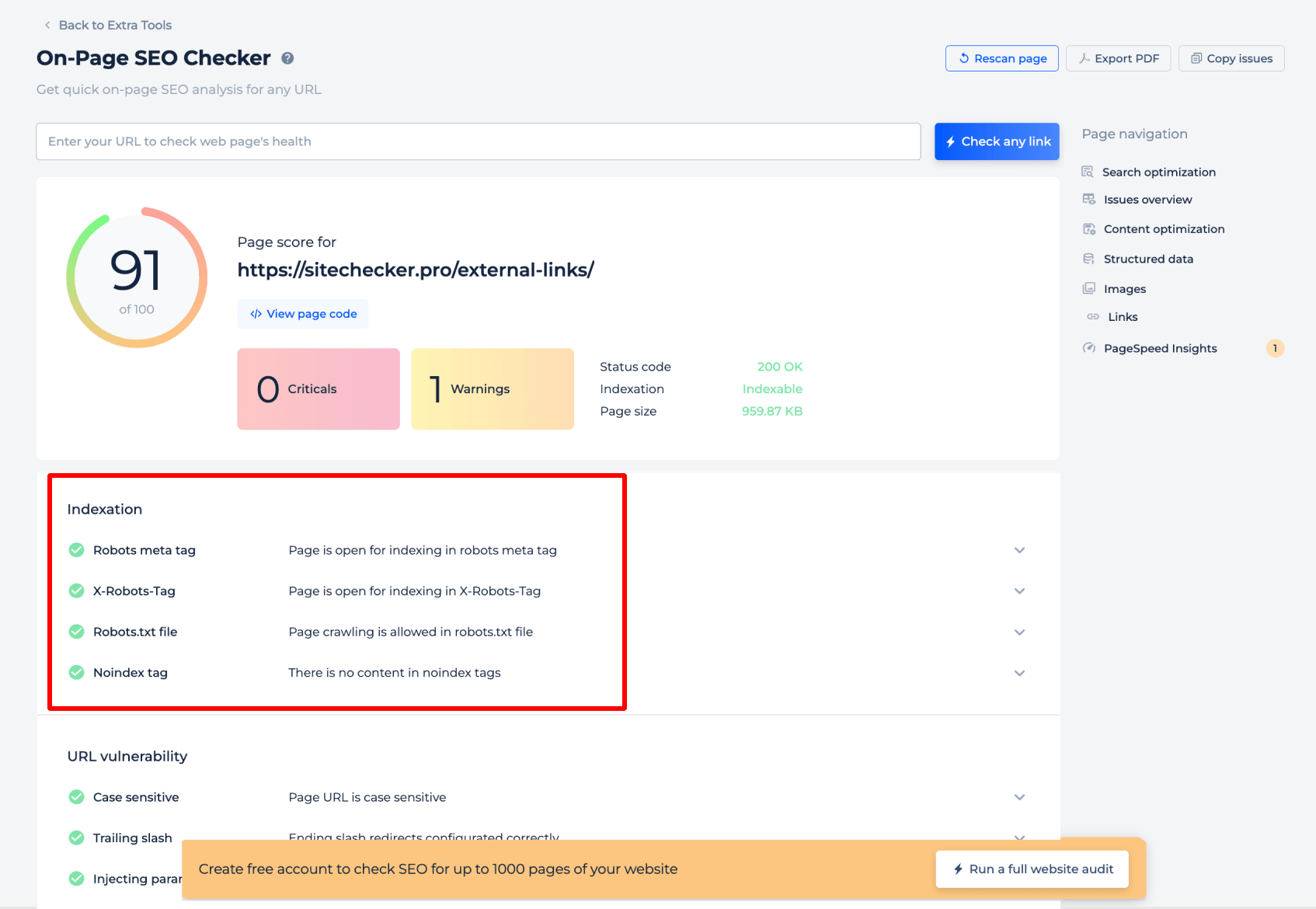 On Page SEO Checker Indexation