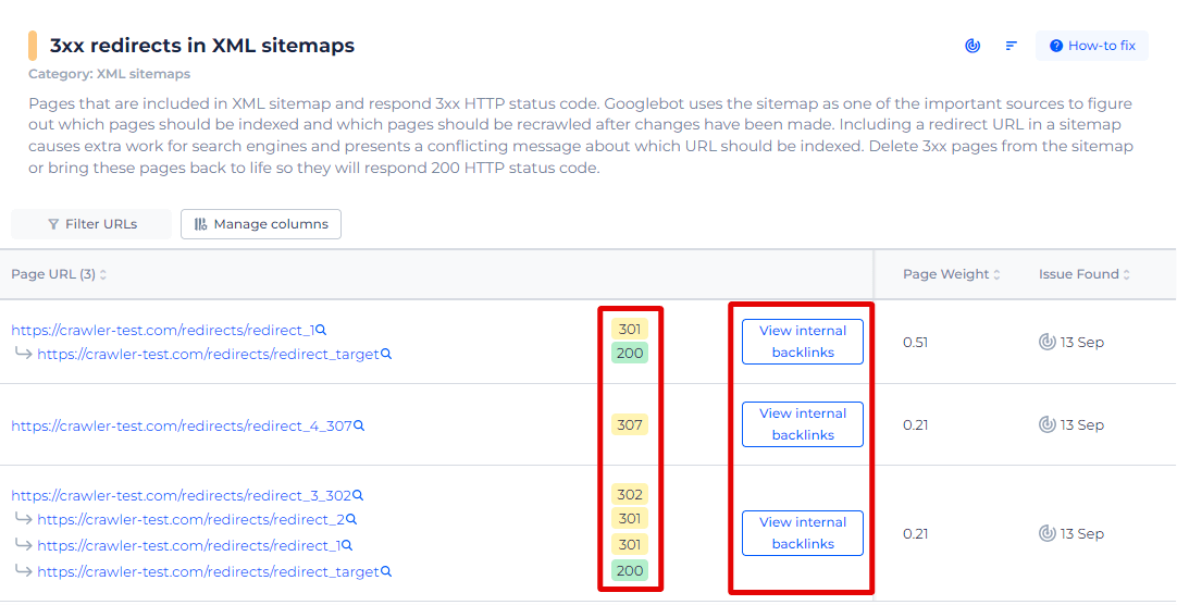 3xx Redirects in Sitemap Issue List