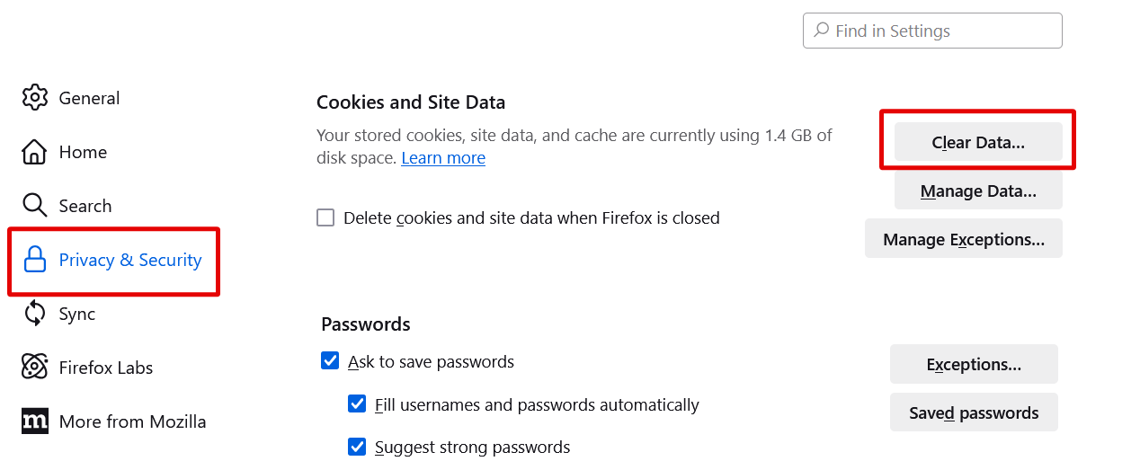 Firefox Clear Data