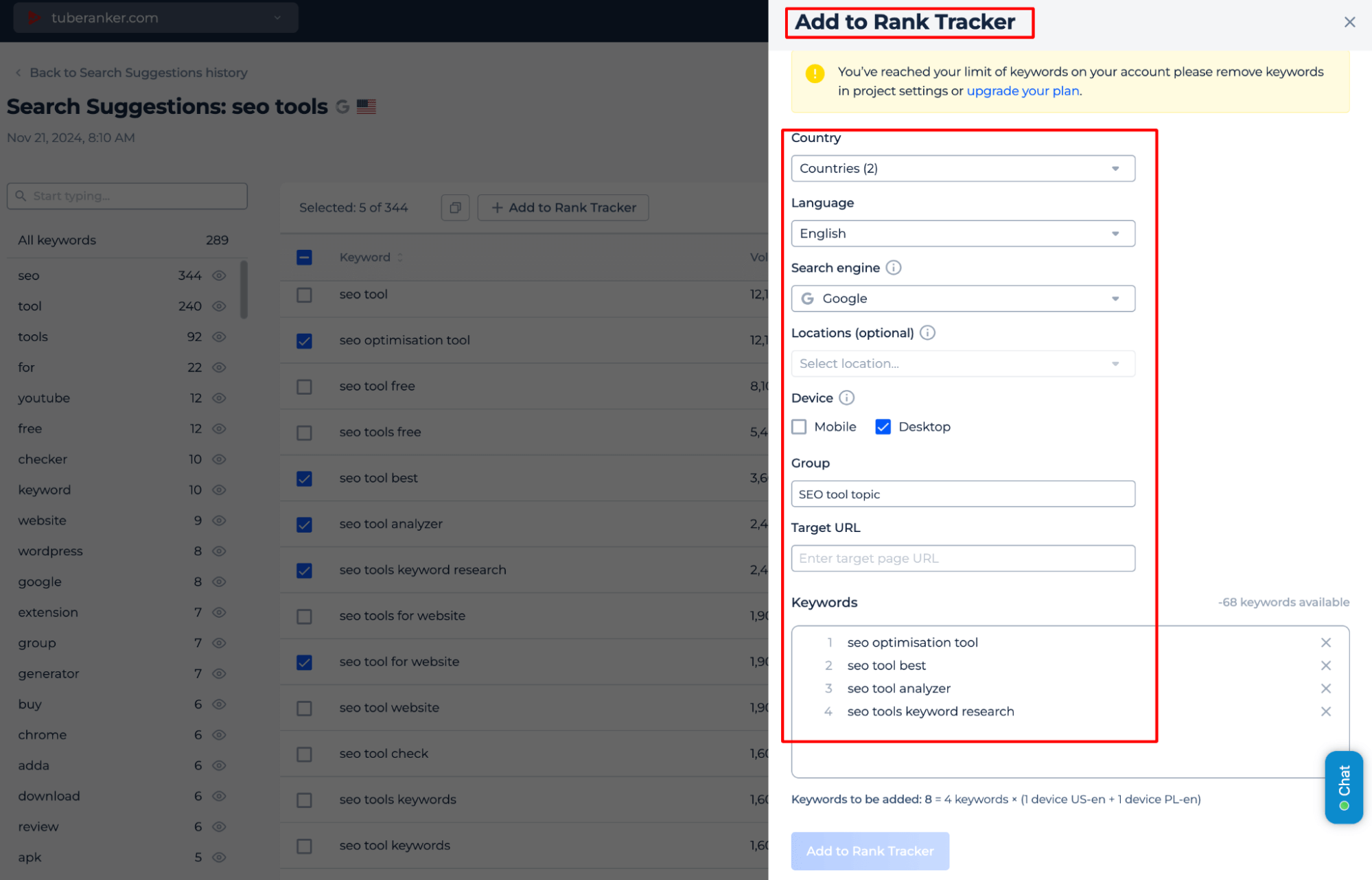 Configuración de Agregar a Rank Tracker