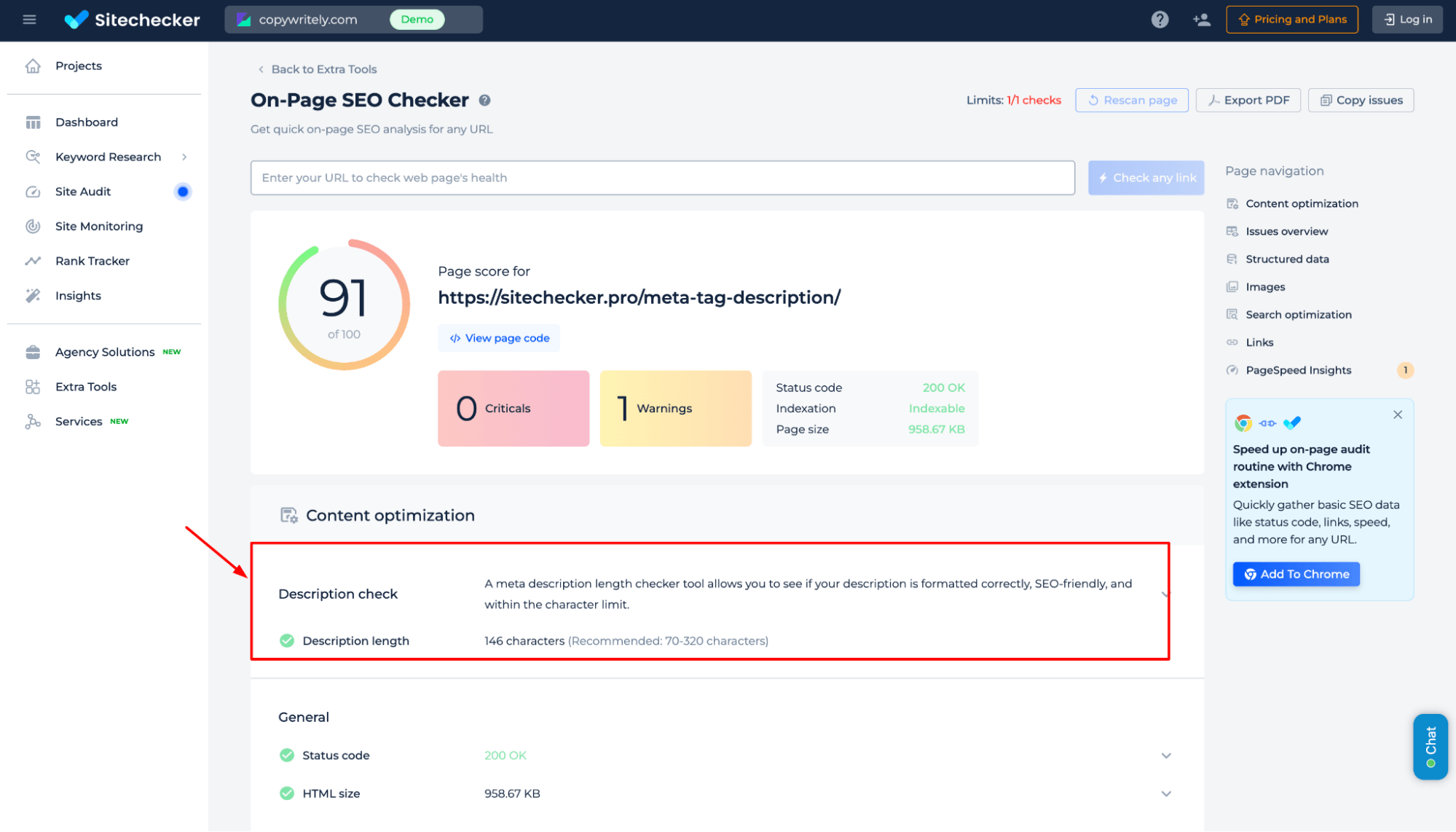 Résultats de la vérification de la description