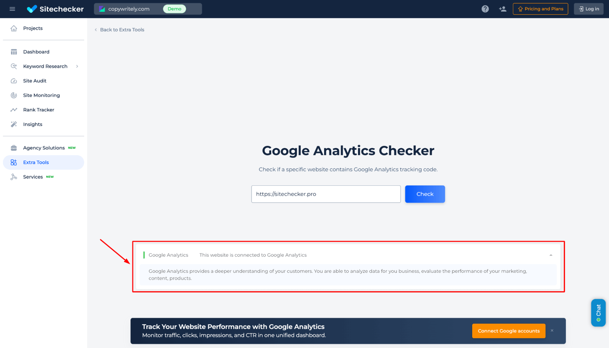 Resultados do Google Analytics Checker