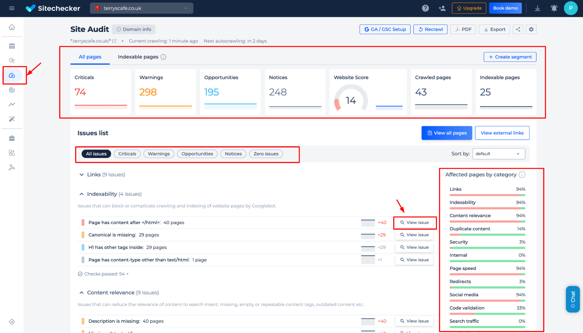 Problemas de auditoria do site