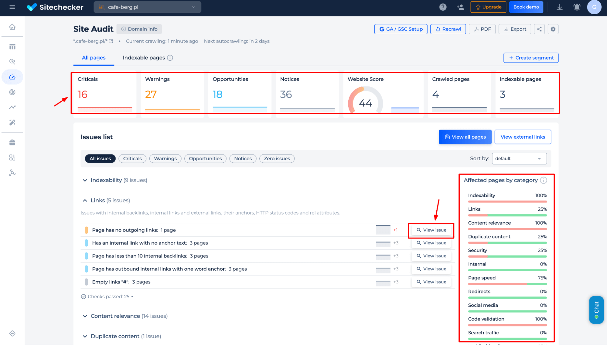 Problemas de auditoria do site