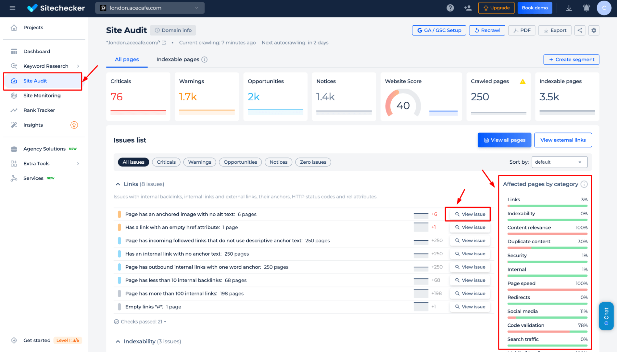 Problèmes d'audit de site