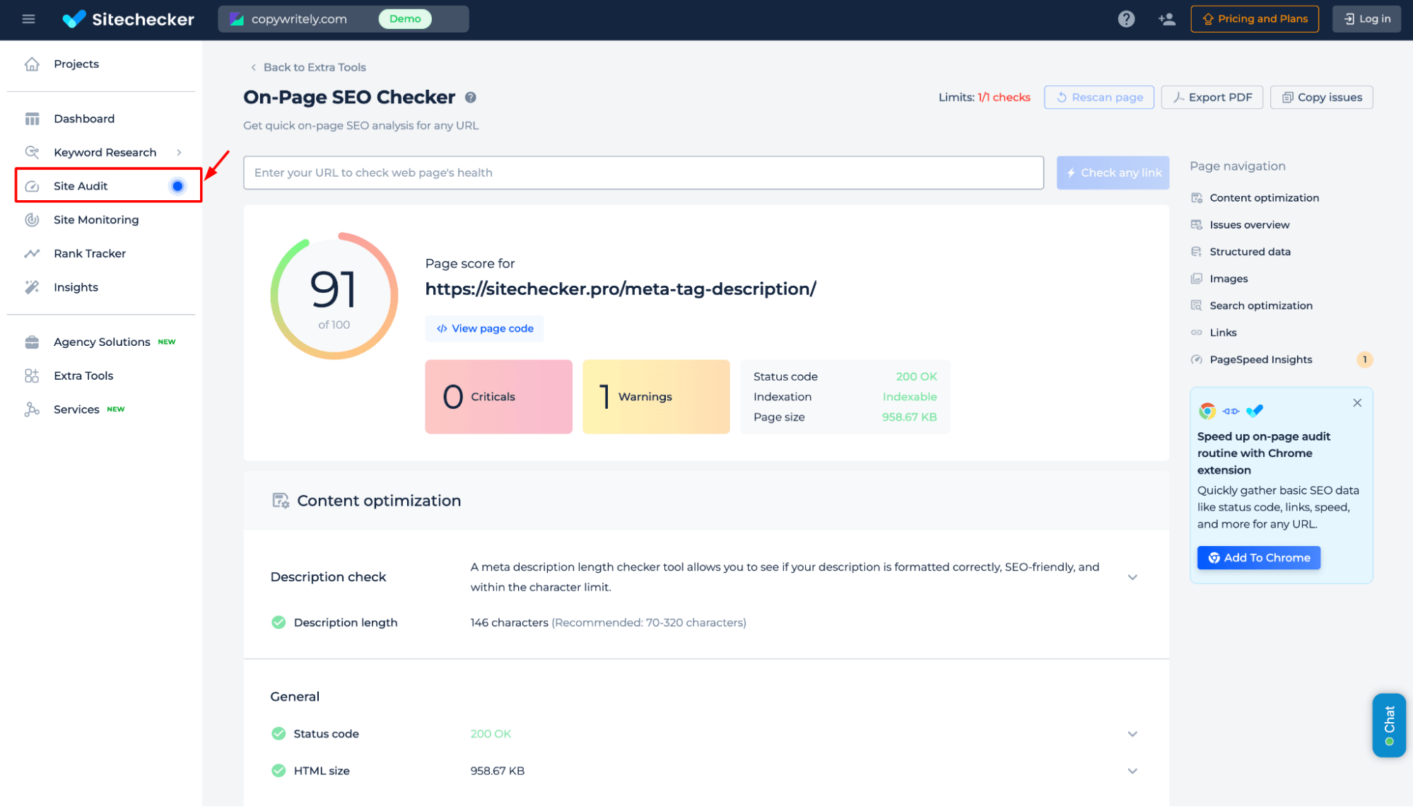 Auditoría del sitio de Sitechecker