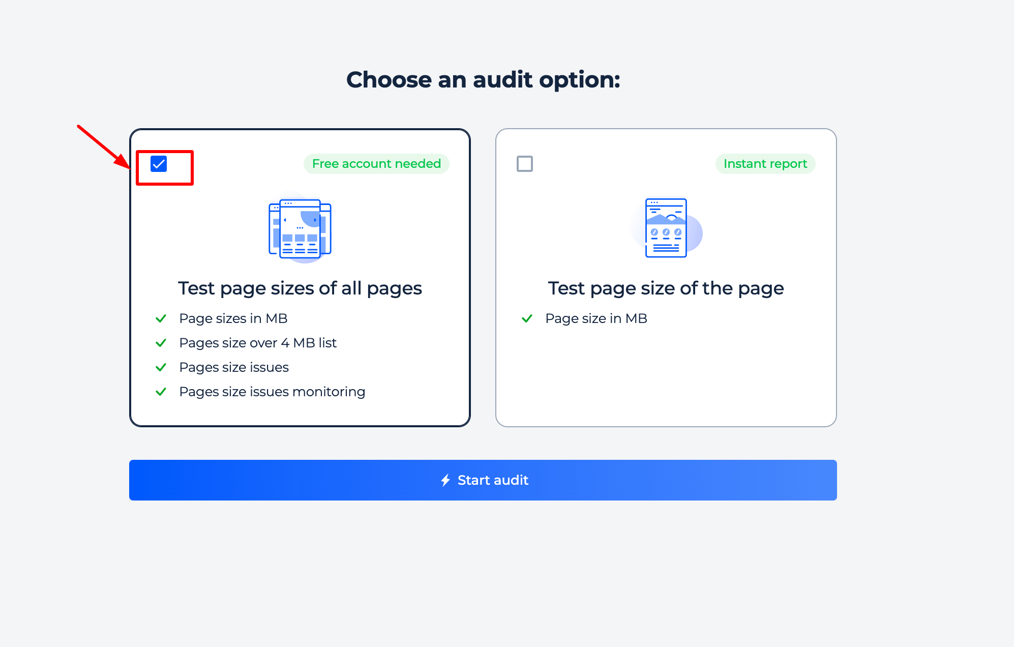 Tamanhos das páginas de teste Todas as páginas