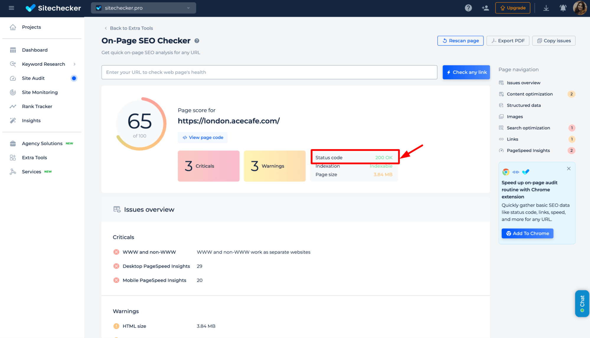 Resultado do código de estado do teste