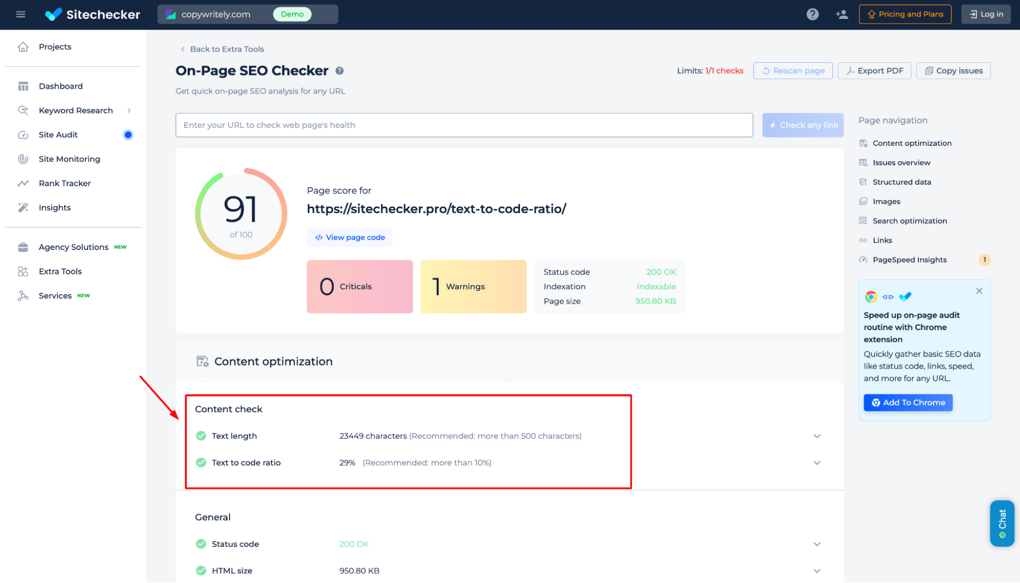 Text Length, Text to Code Ratio Results