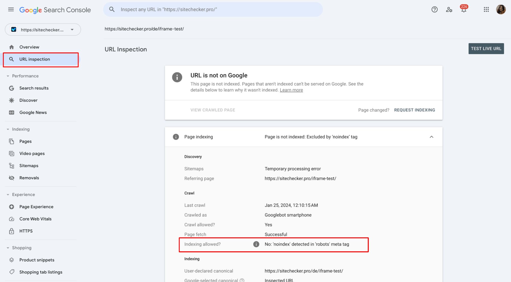 Google Search Console URL Inspection